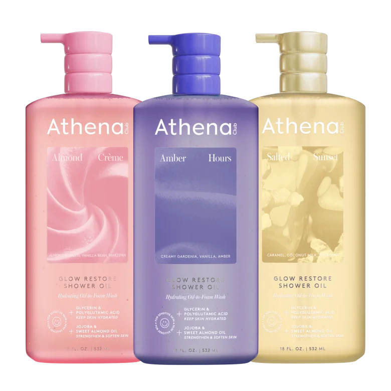 Glow Restore Shower Oil Trio - Gift Ready Almond Creme, Amber Hours, Salted Sunset